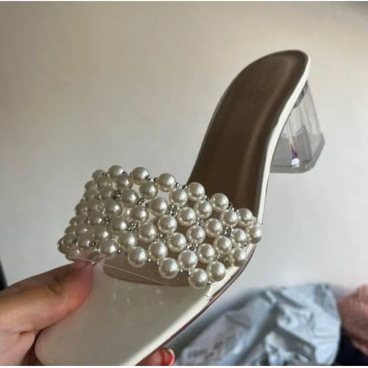 Transparent Glass Heels Shining Pearl Sandals