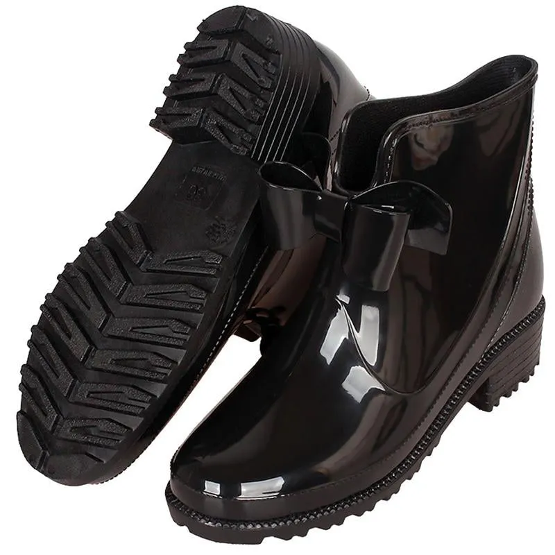 Women Solid Color Bowknot Waterproof Antiskid Platform Short Ankle Rain Boots