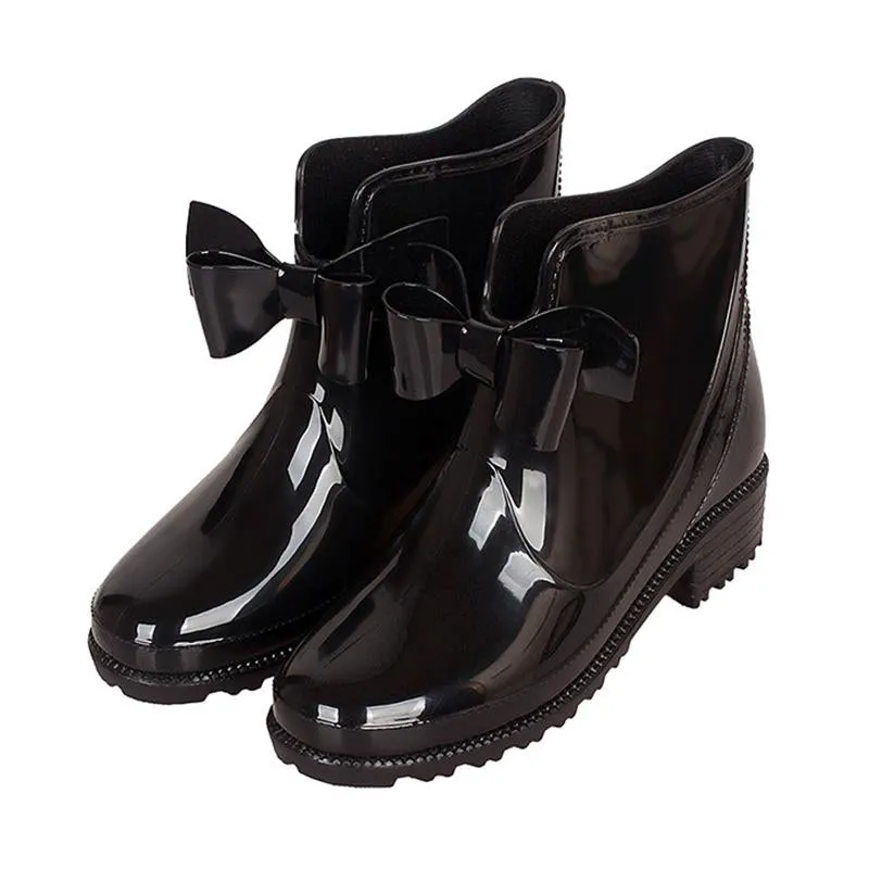 Women Solid Color Bowknot Waterproof Antiskid Platform Short Ankle Rain Boots